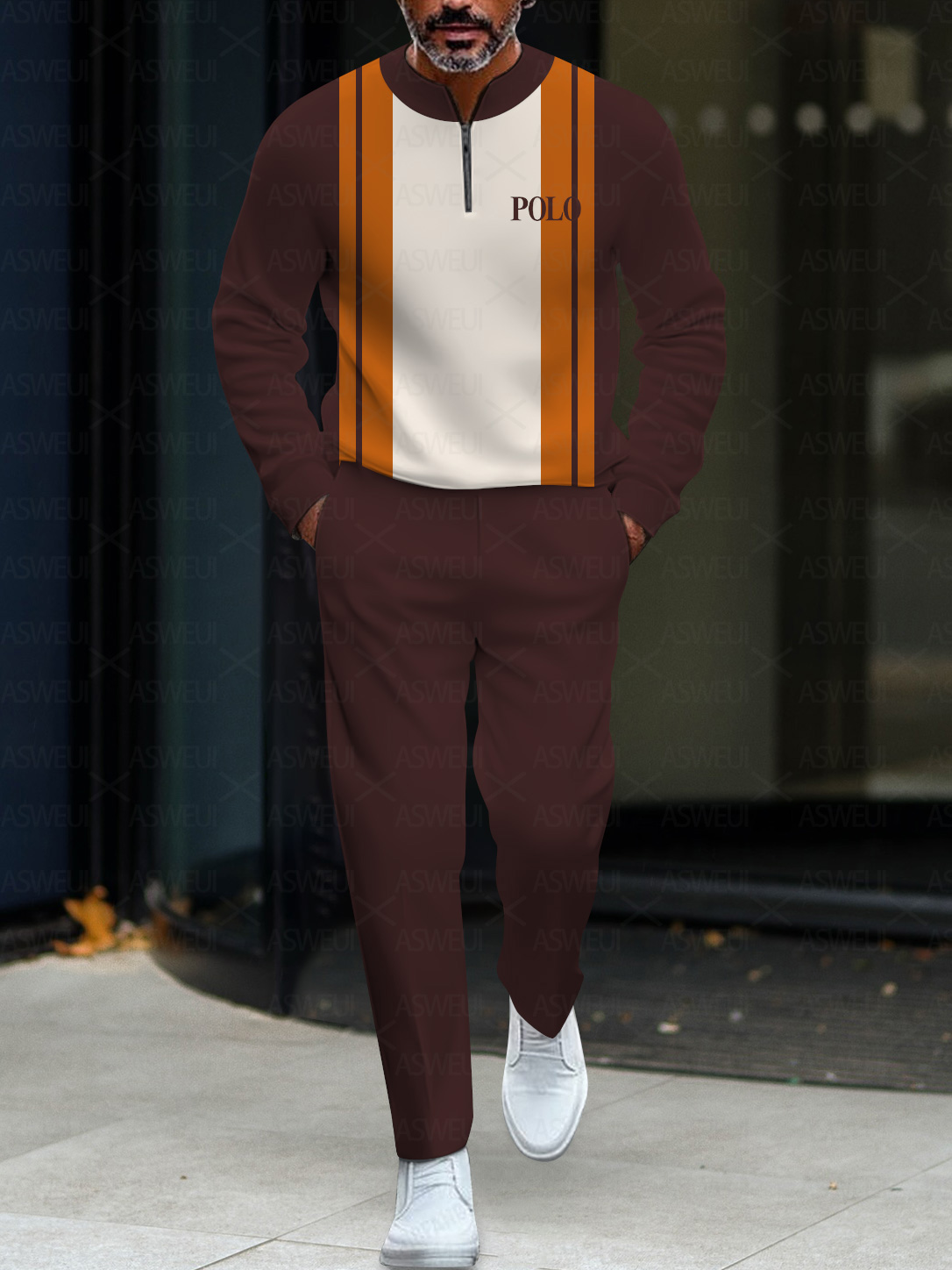 Men's fashion casual geometric print long sleeve two-piece set