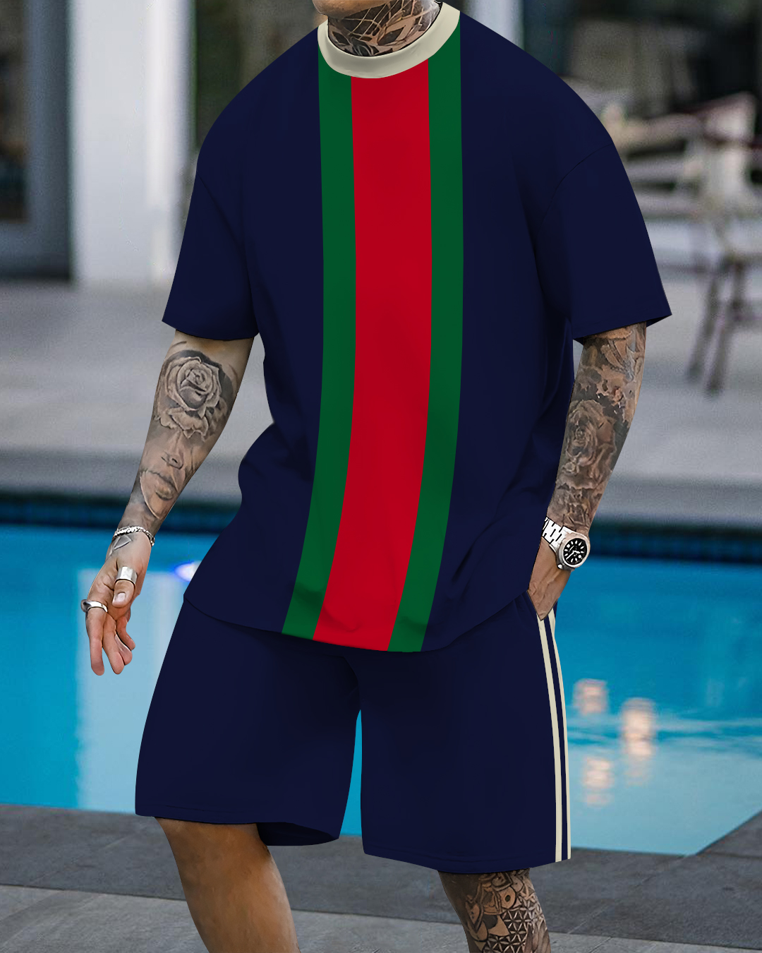 Men's fashion casual color matching printed short-sleeved two-piece set