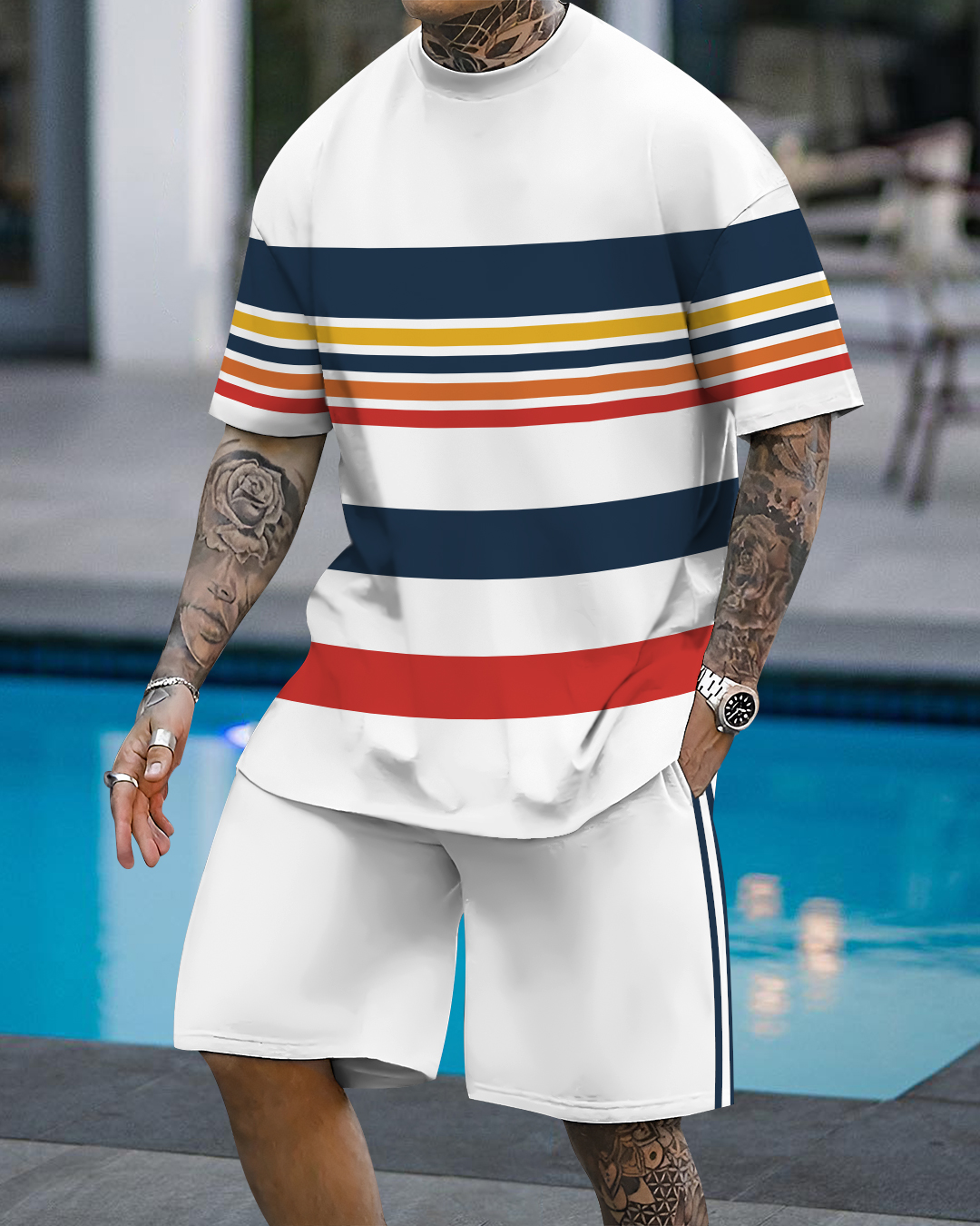 Men's fashion casual color matching printed short-sleeved two-piece set