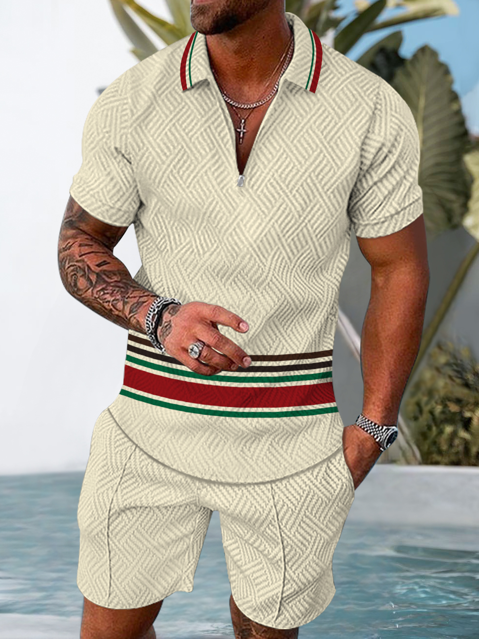 Men's fashion casual geometric print short sleeve polo two-piece set