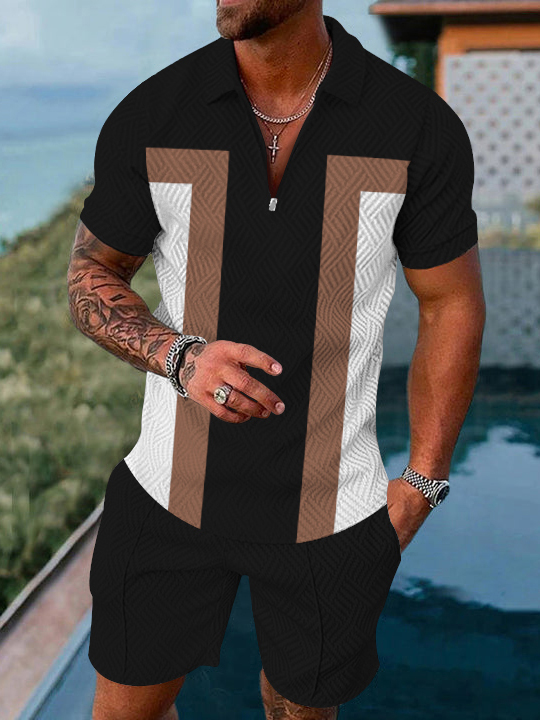 Men's fashion casual color matching geometric print short sleeved polo suit