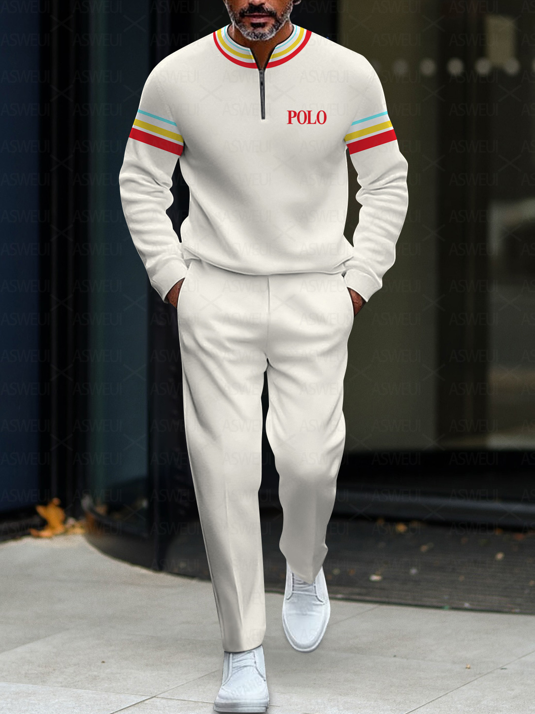 Men's fashion casual geometric print long sleeve zipper two-piece set