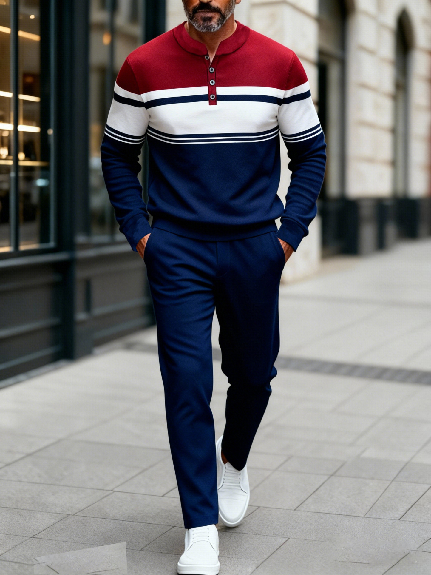 Men's Fashion Casual Geometric Print Long Sleeve Button Design Two-Piece Set