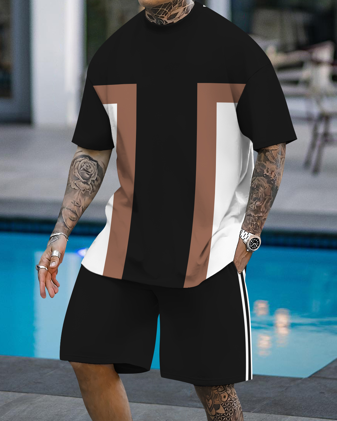 Men's fashion casual geometric print short sleeve two-piece set