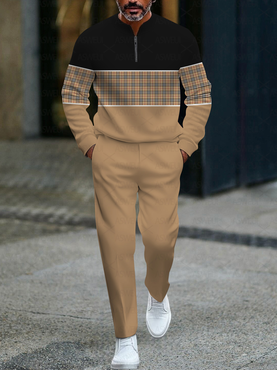 Men's fashionable casual business color-block round-neck zipper long-sleeve two-piece set