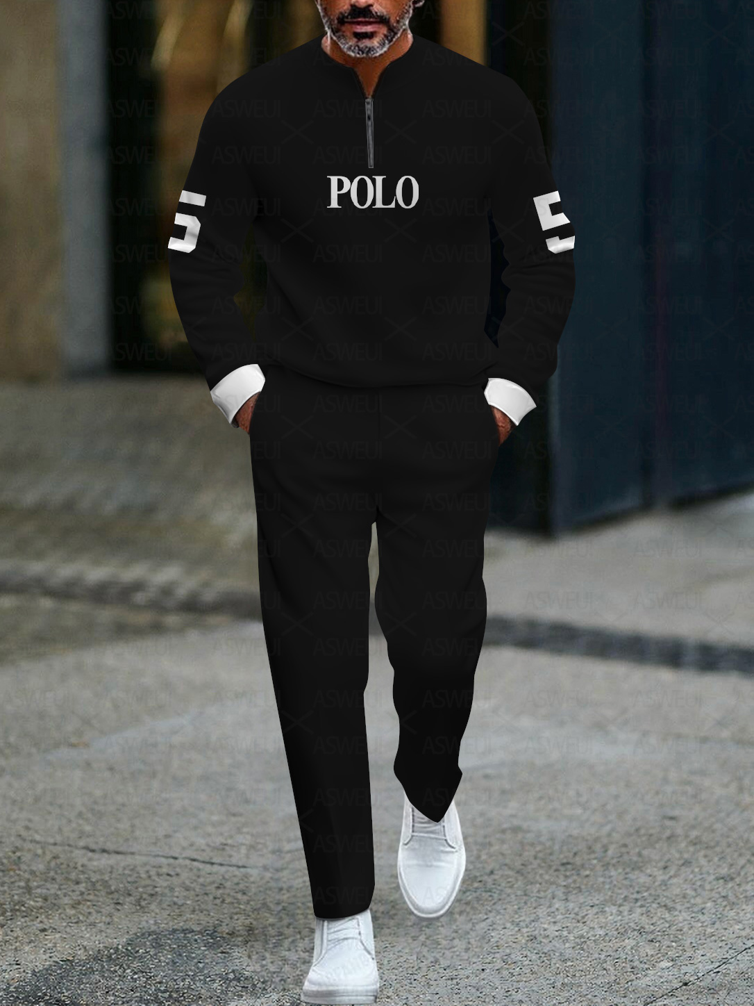 Men's fashionable casual business color-block round-neck zipper long-sleeve two-piece set