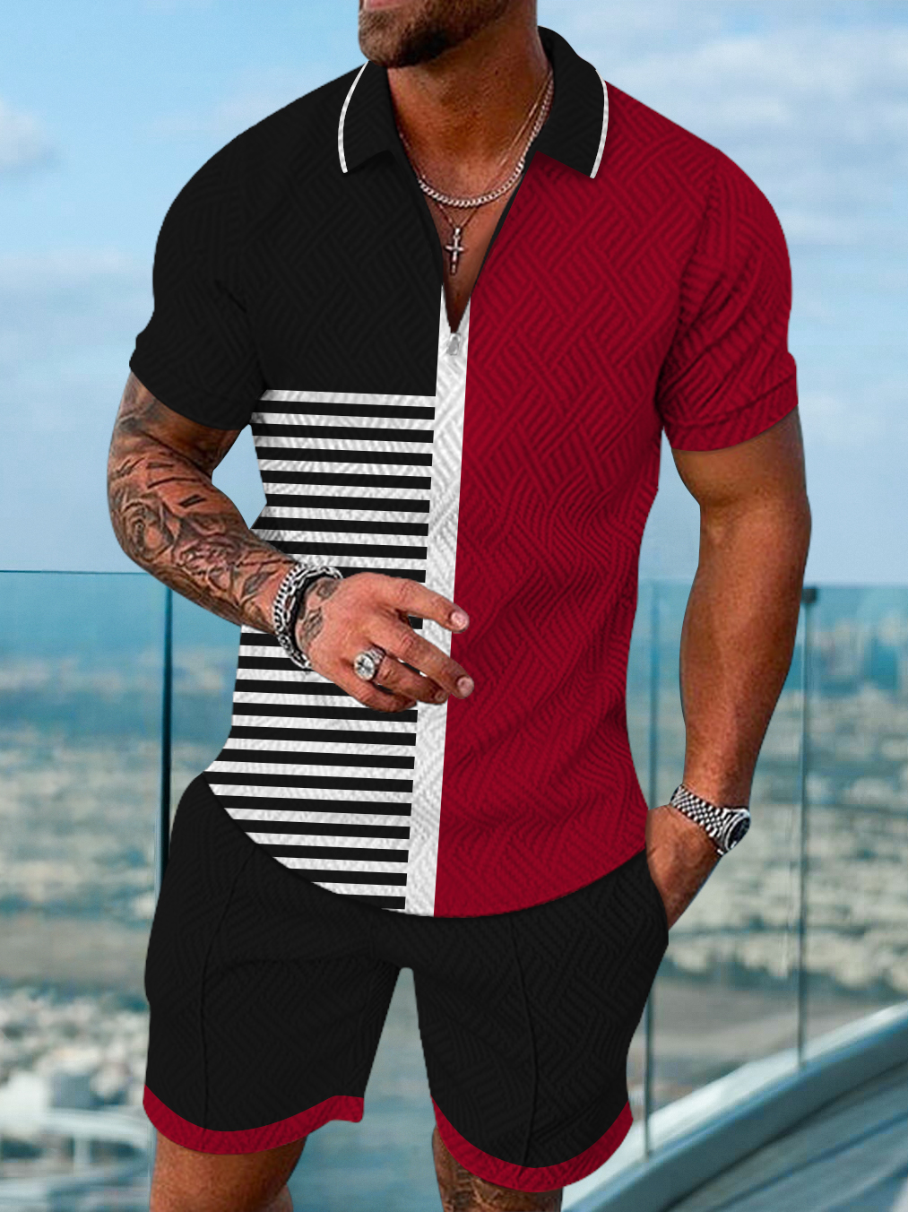 Men's fashion casual geometric print short sleeve polo two-piece set