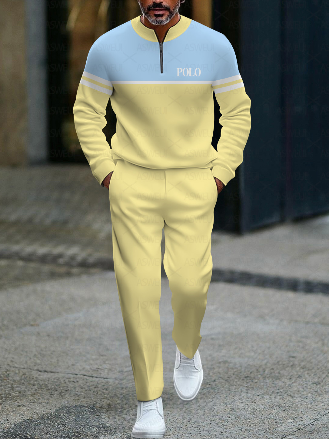 Men's fashionable casual business color-block round-neck zipper long-sleeve two-piece set