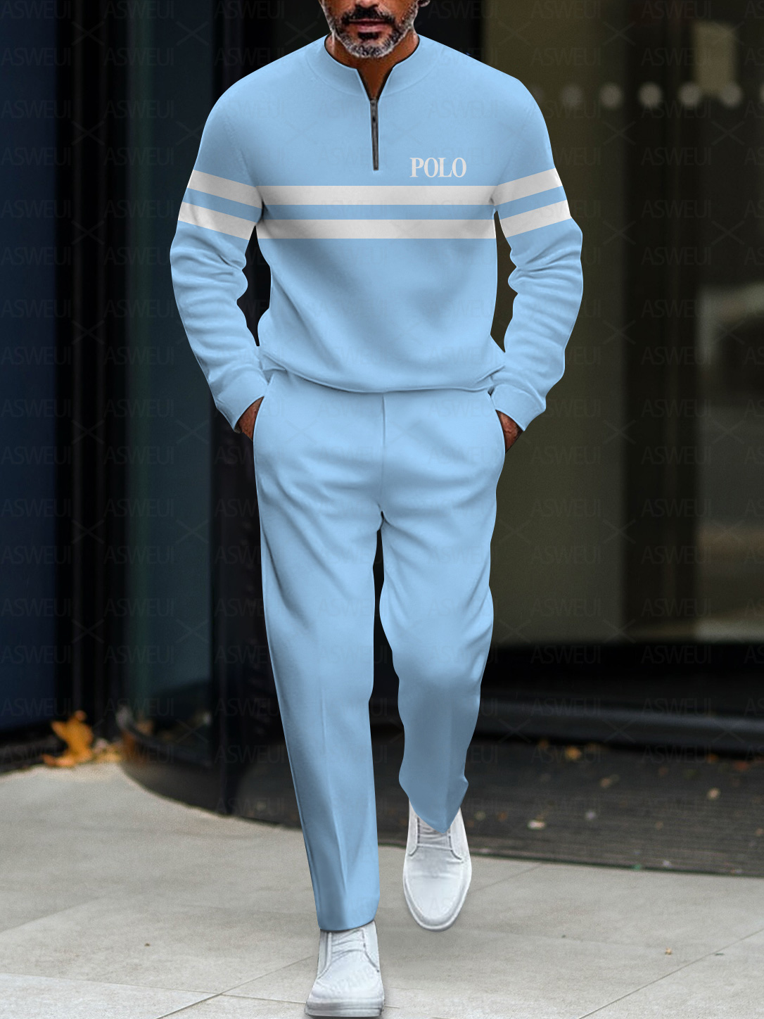 Men's fashion casual geometric print long sleeve zipper two-piece set