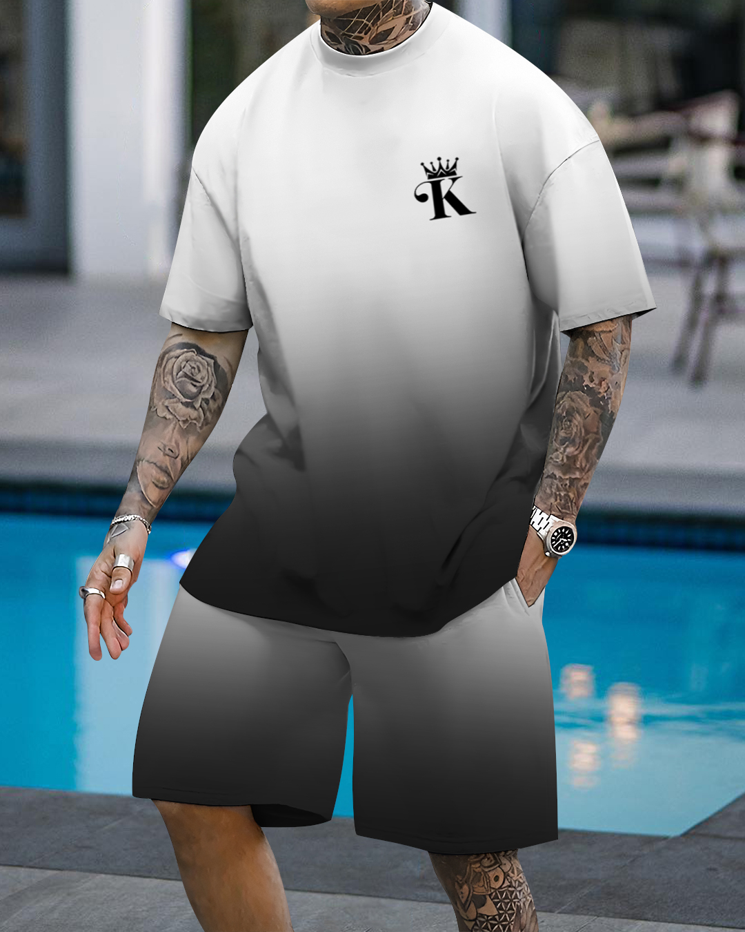 Men's fashion casual color matching printed short-sleeved two-piece set