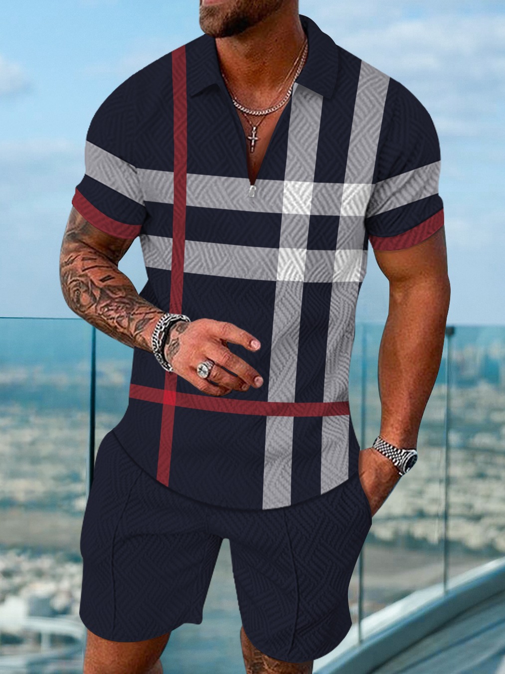Men's fashion casual geometric print short sleeve polo two-piece set