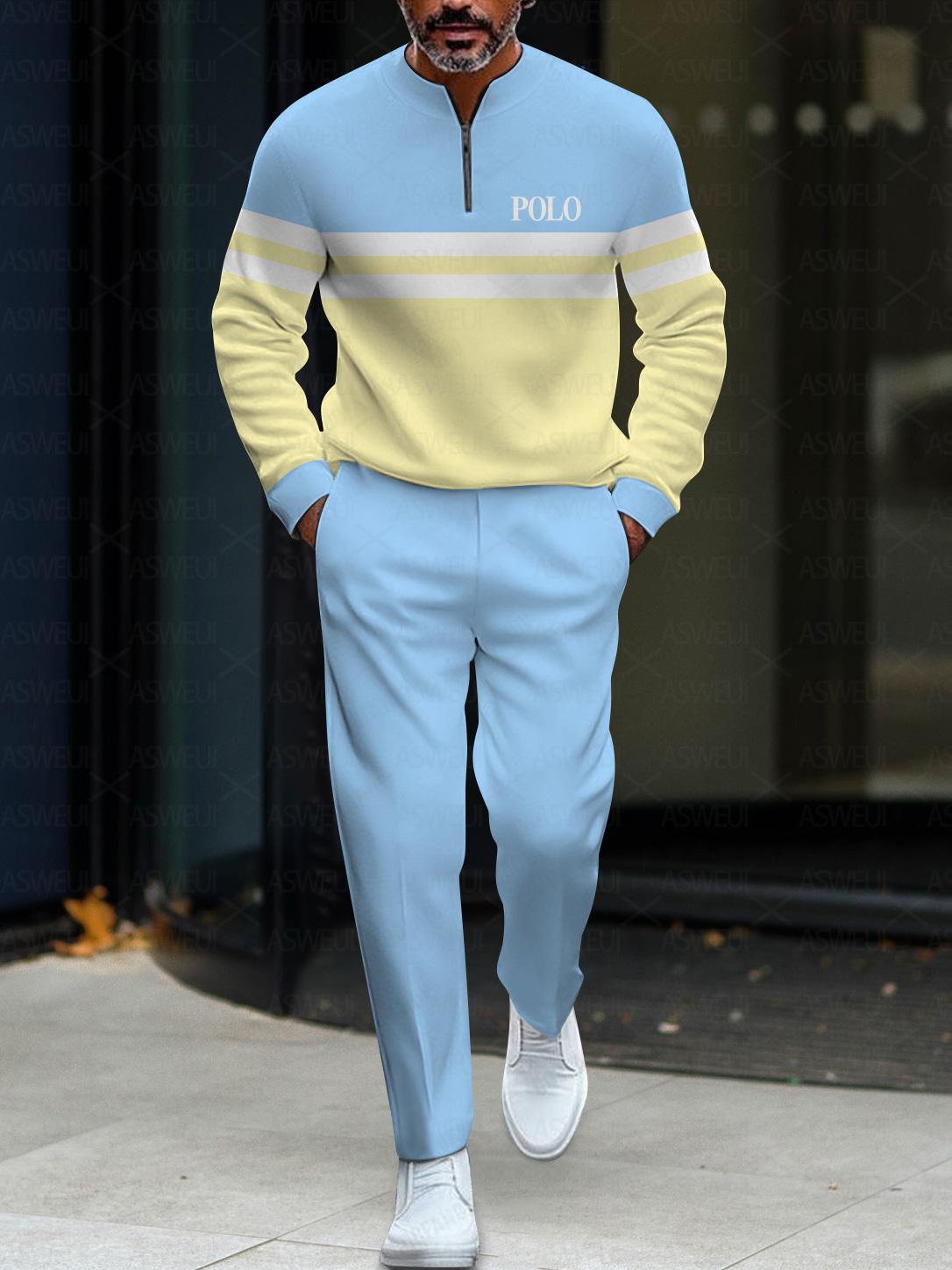 Men's fashion casual geometric print long sleeve zipper two-piece set