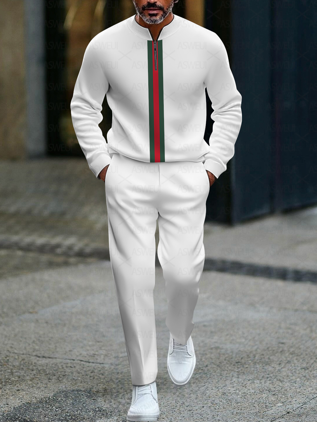 Men's fashionable casual business color-block round-neck zipper long-sleeve two-piece set