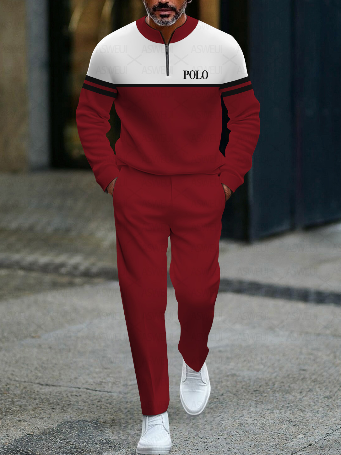 Men's fashionable casual business color-block round-neck zipper long-sleeve two-piece set