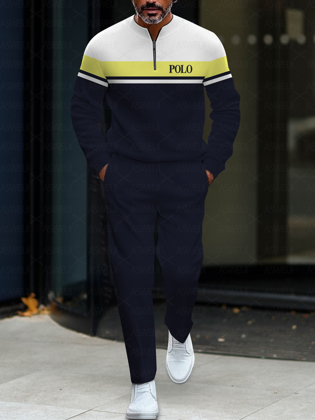 Men's fashion casual geometric print long sleeve zipper two-piece set