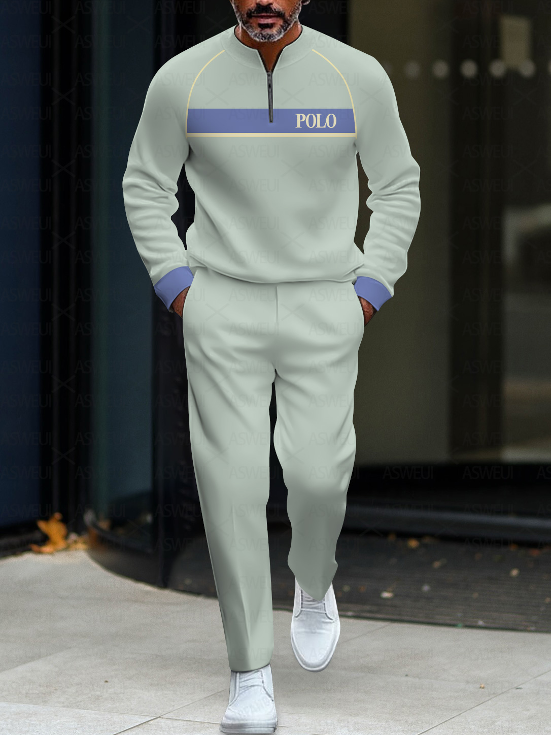 Men's fashion casual geometric print long sleeve zipper two-piece set