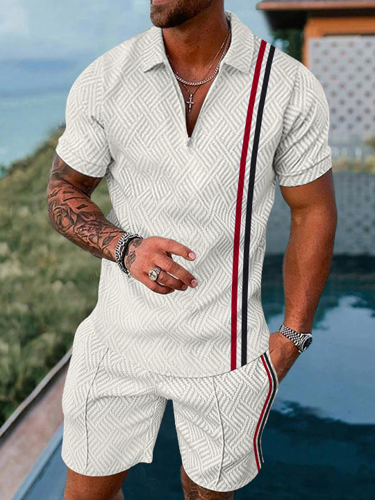 Men's fashion casual geometric print short sleeve polo two-piece set