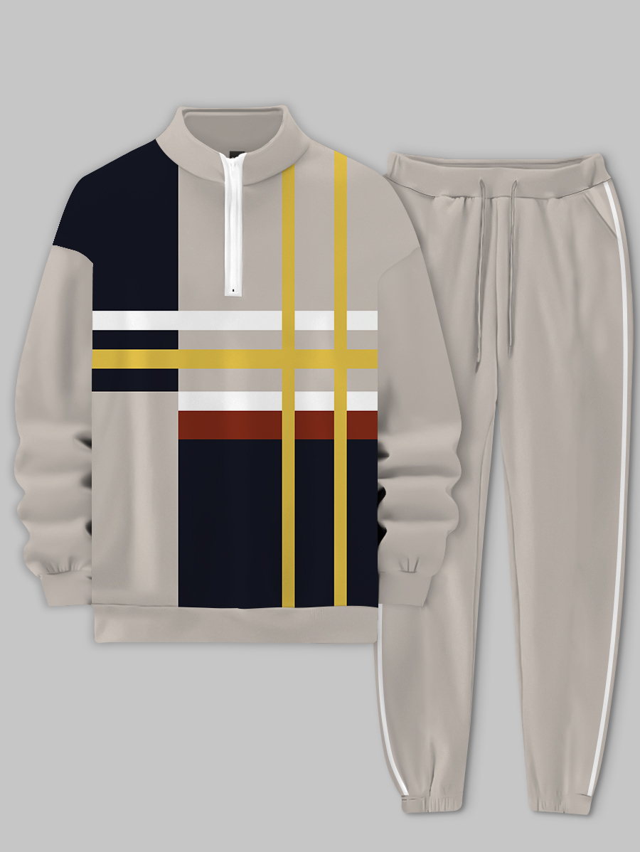 Men's fashion casual color match print long sleeve two piece set