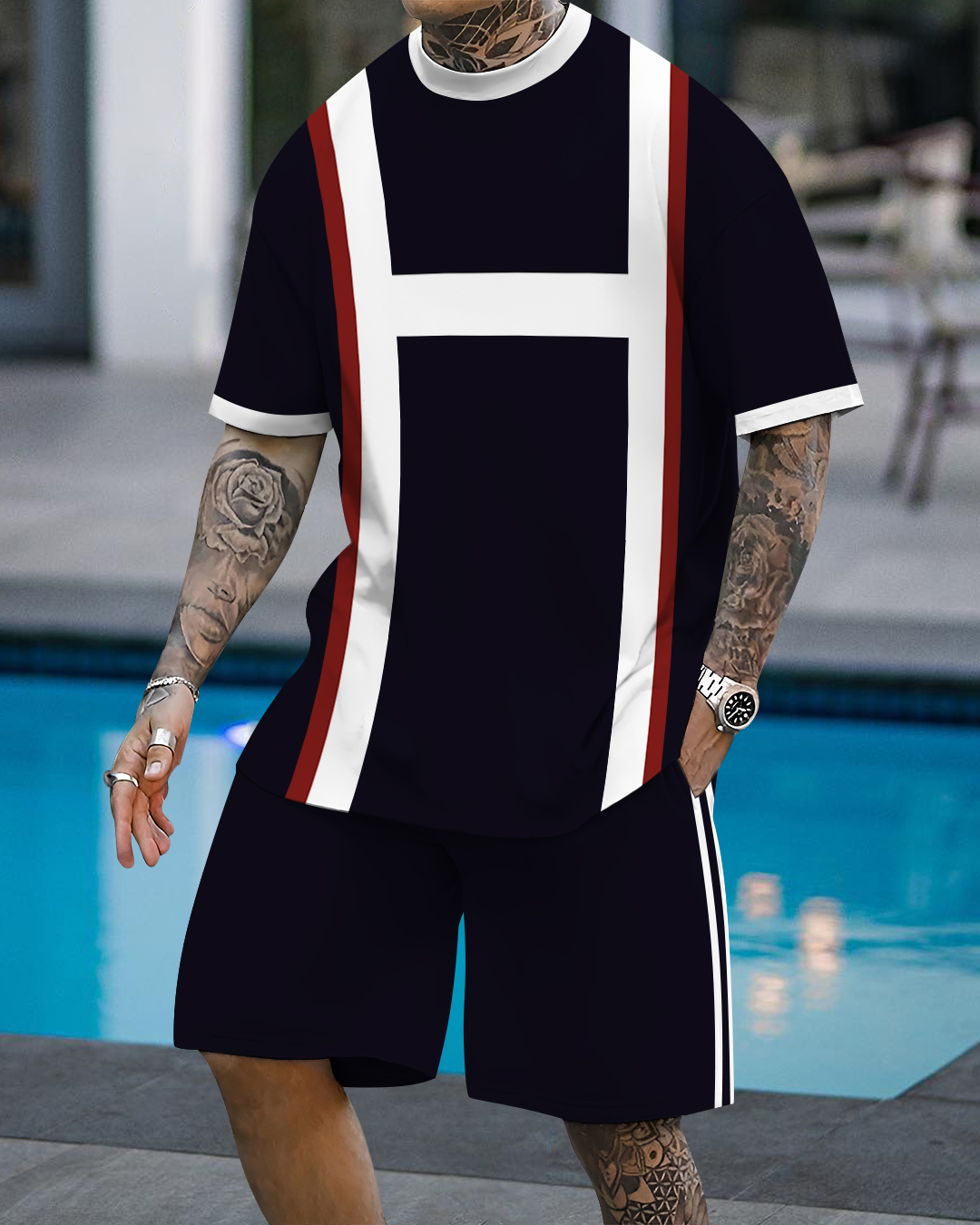 Men's fashion casual geometric print short sleeve two-piece set