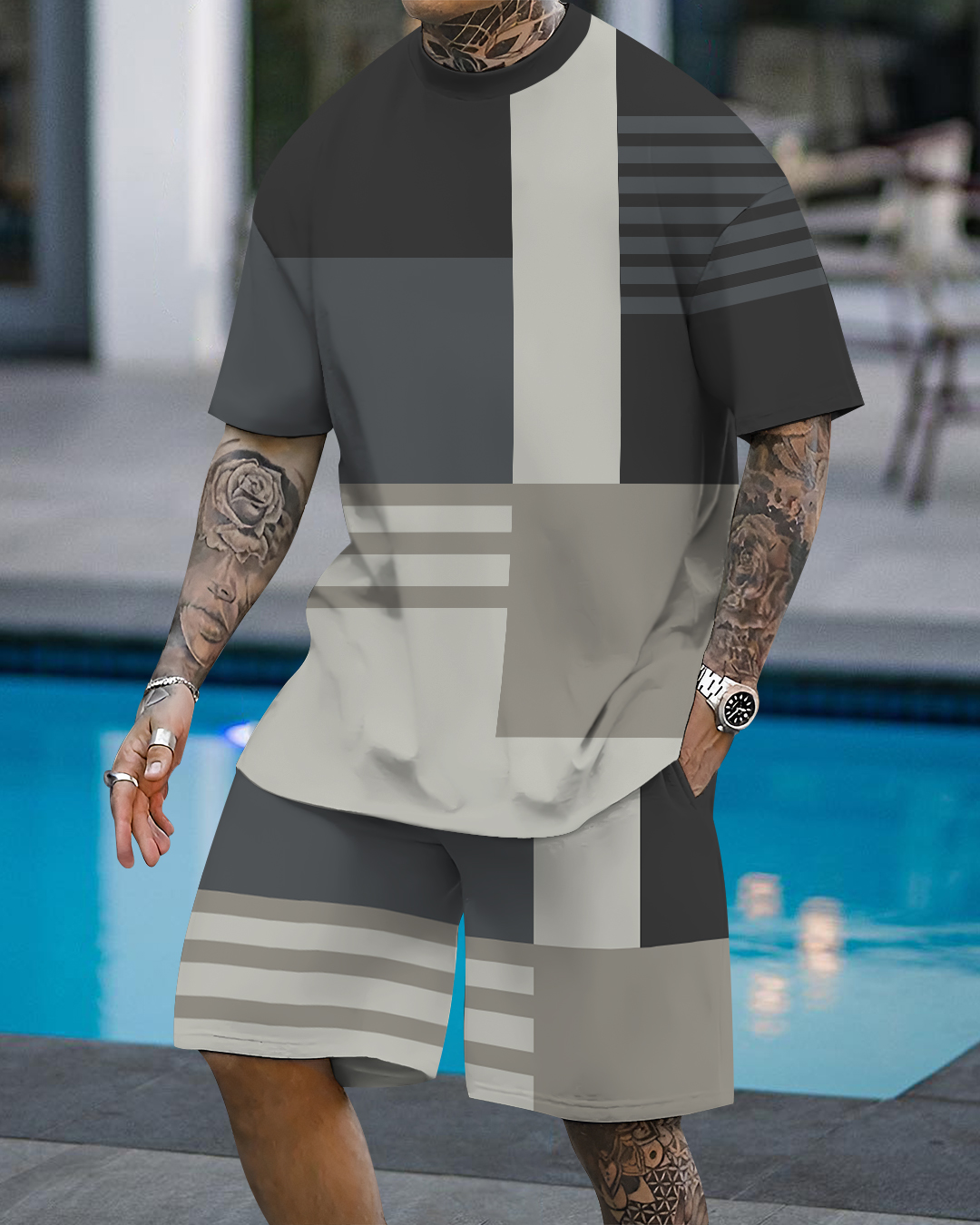 Men's fashion casual geometric print short sleeve two-piece set