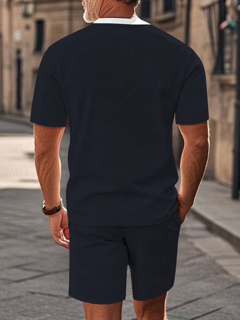 Men's fashion casual round-neck zipper geometric printed short-sleeved two-piece set