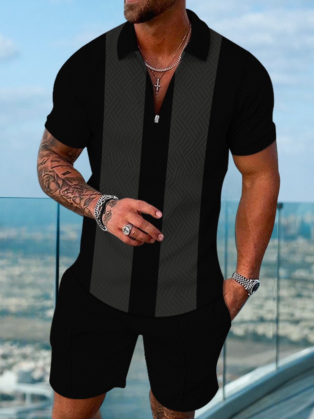 Men's fashion casual color matching printed polo two-piece set