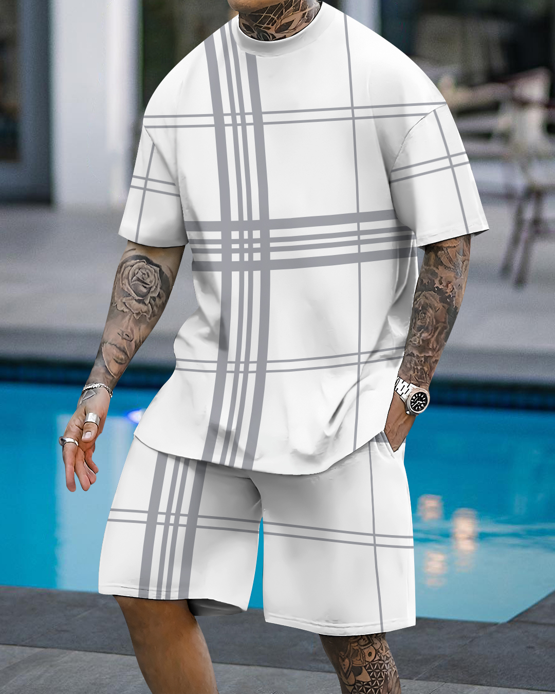 Men's fashion casual color matching printed short-sleeved two-piece set