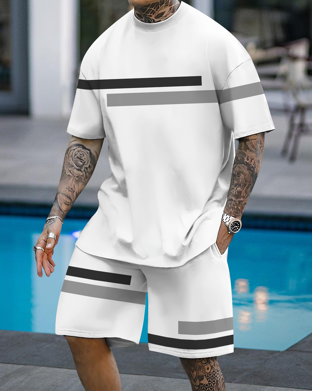 Men's fashion casual color matching printed short-sleeved two-piece set