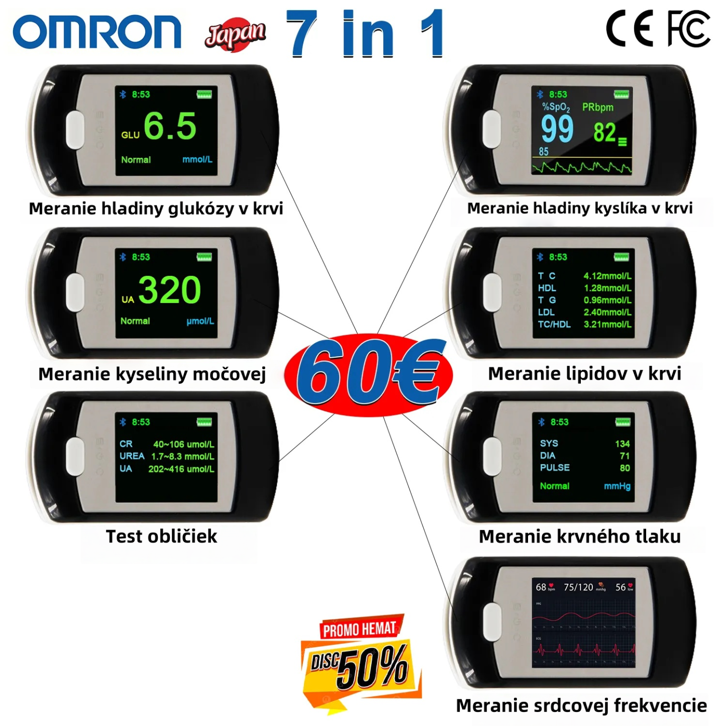 2025 Omron vysoko presný neinvazívny glukometer a krvný oxymeter