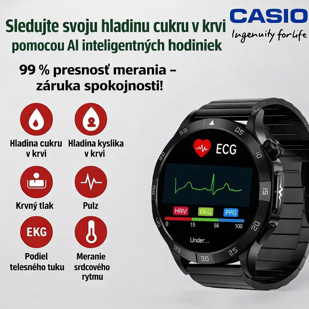 Inteligentné hodinky CASIO pre zdravie – meranie EKG a PPG, monitorovanie hladiny cukru v krvi, tukov v krvi a kyseliny močovej