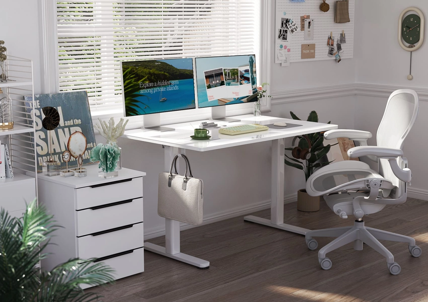 Bright and airy home office featuring a white desk with dual monitors, a comfortable chair, and decorative elements.