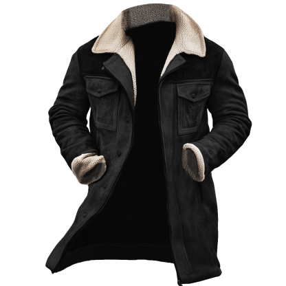 Yellowstone Series - Men's Vintage Suede Patchwork Lamb Fleece Multi-Pocket Reverse Collar Outdoor Jacket Coat