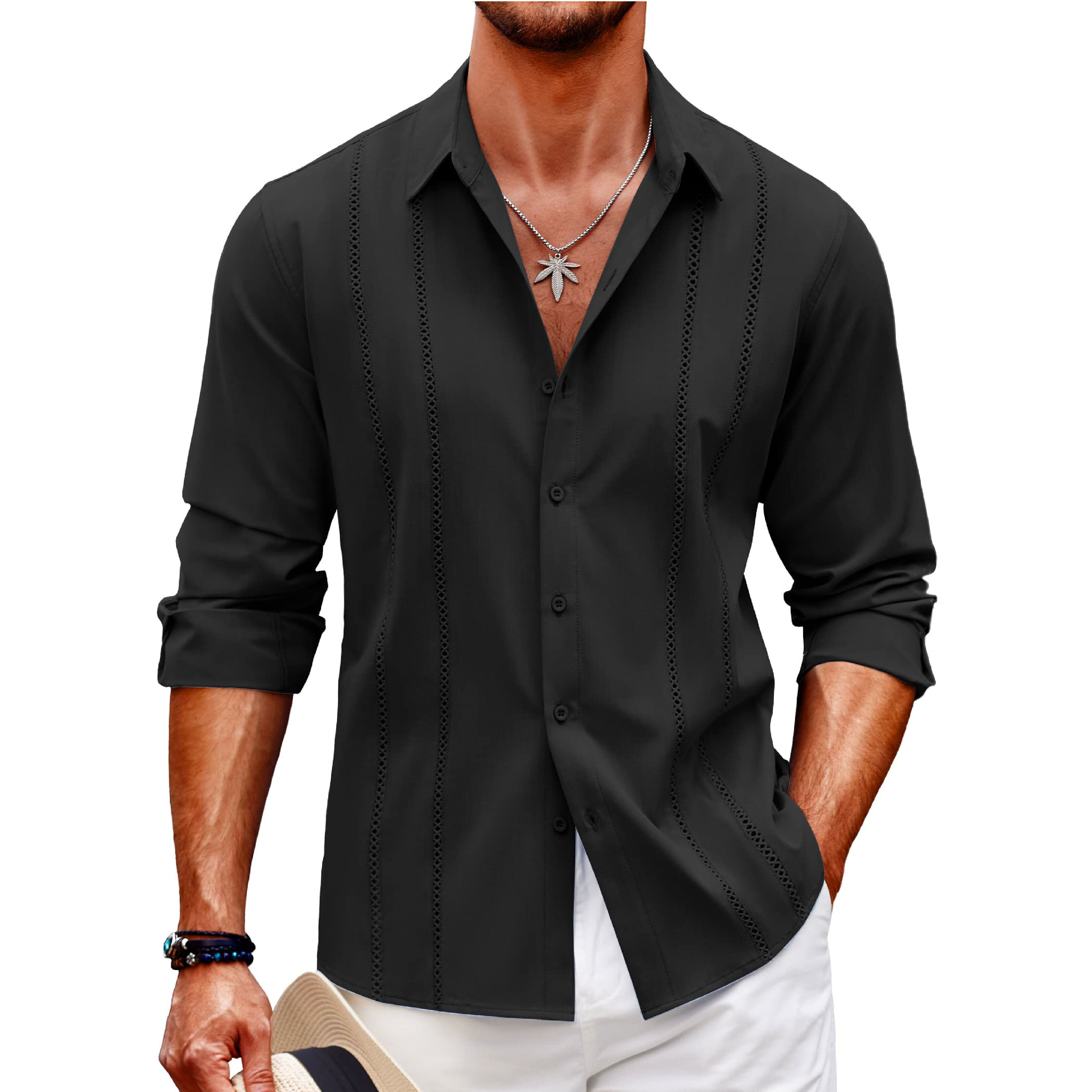 Men's Comfortable Breathable Cuban Casual Button Up Long Sleeve Beach 