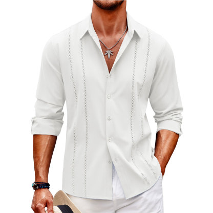 Men's Comfortable Breathable Cuban Casual Button Up Long Sleeve Beach Linen Shirt