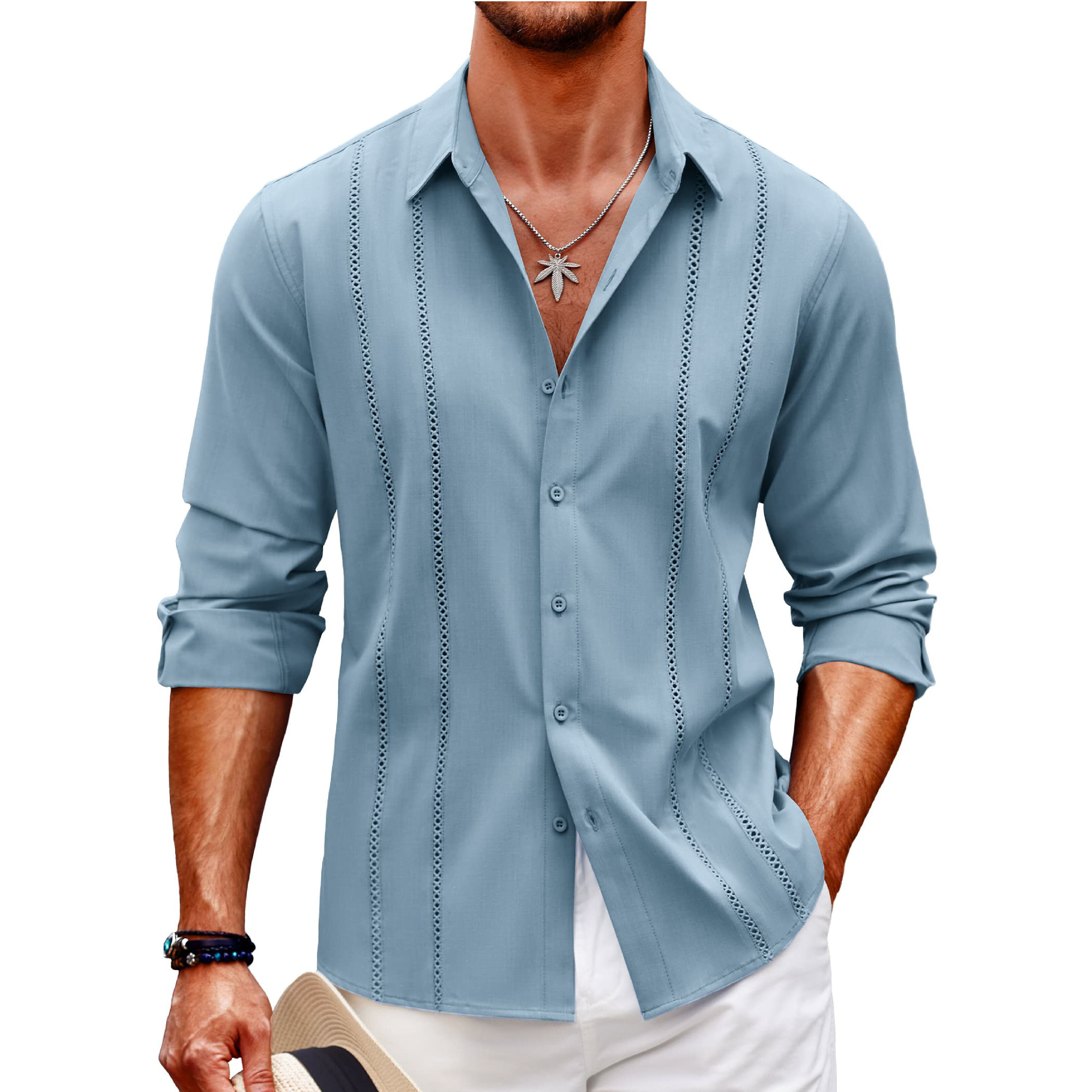 Men's Comfortable Breathable Cuban Casual Button Up Long Sleeve Beach 
