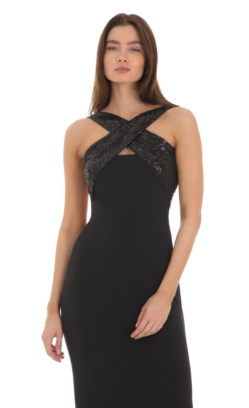 Sequin Cross Neck Maxi Dress in Black-Sunny Prom. All rights reserved.