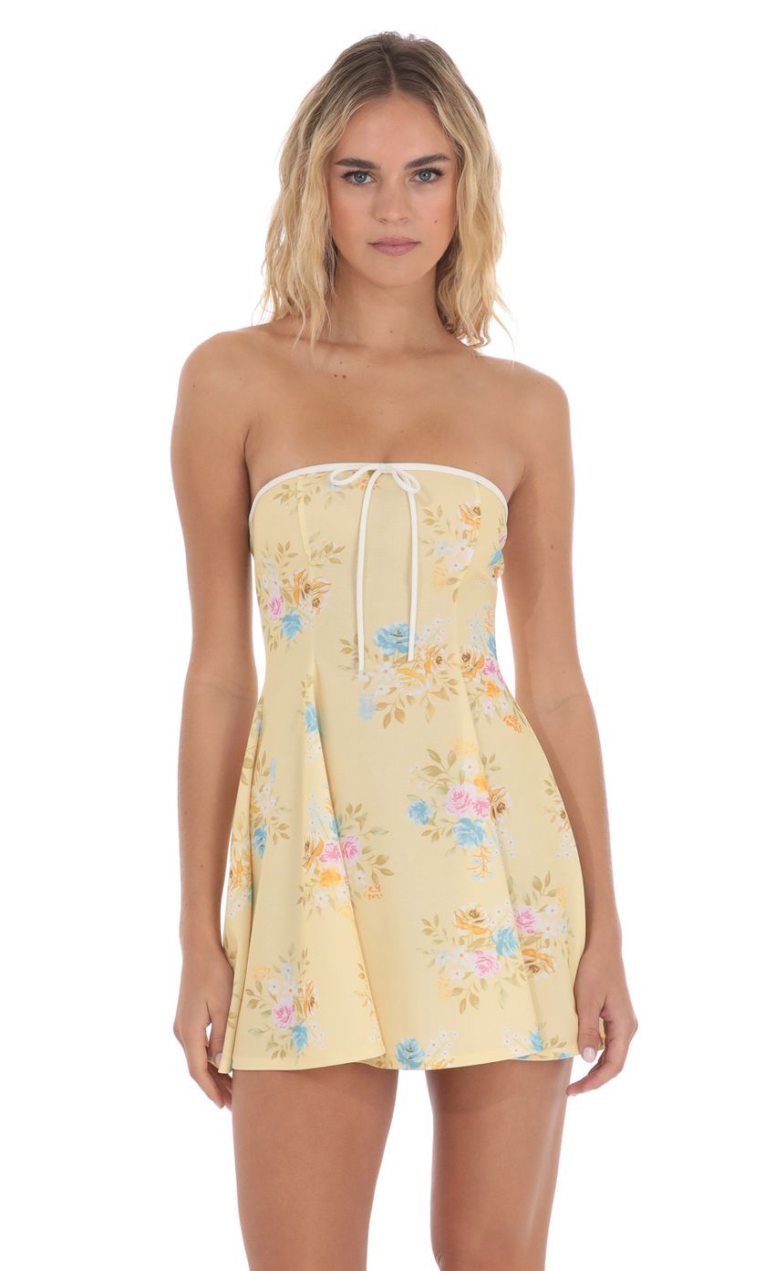 White Trim Floral Fit and Flare Dress in Yellow-Sunny Prom. All rights reserved.
