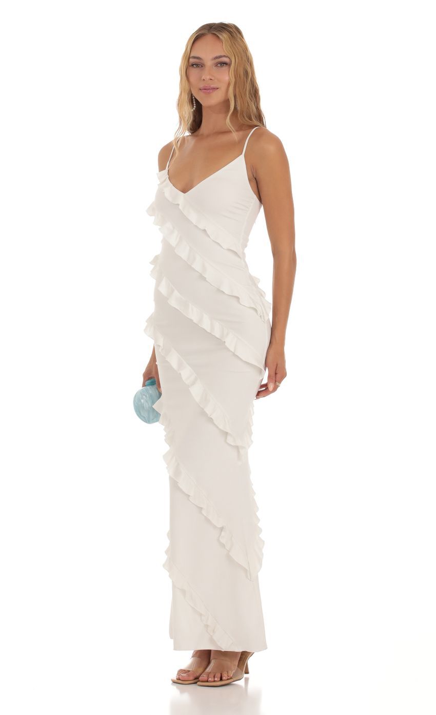 Shimmer Ruffle Maxi Dress in White-Sunny Prom. All rights reserved.