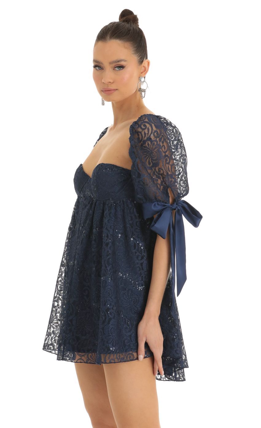 Sequin Lace Baby Doll Dress in Dark Blue-Sunny Prom. All rights reserved.