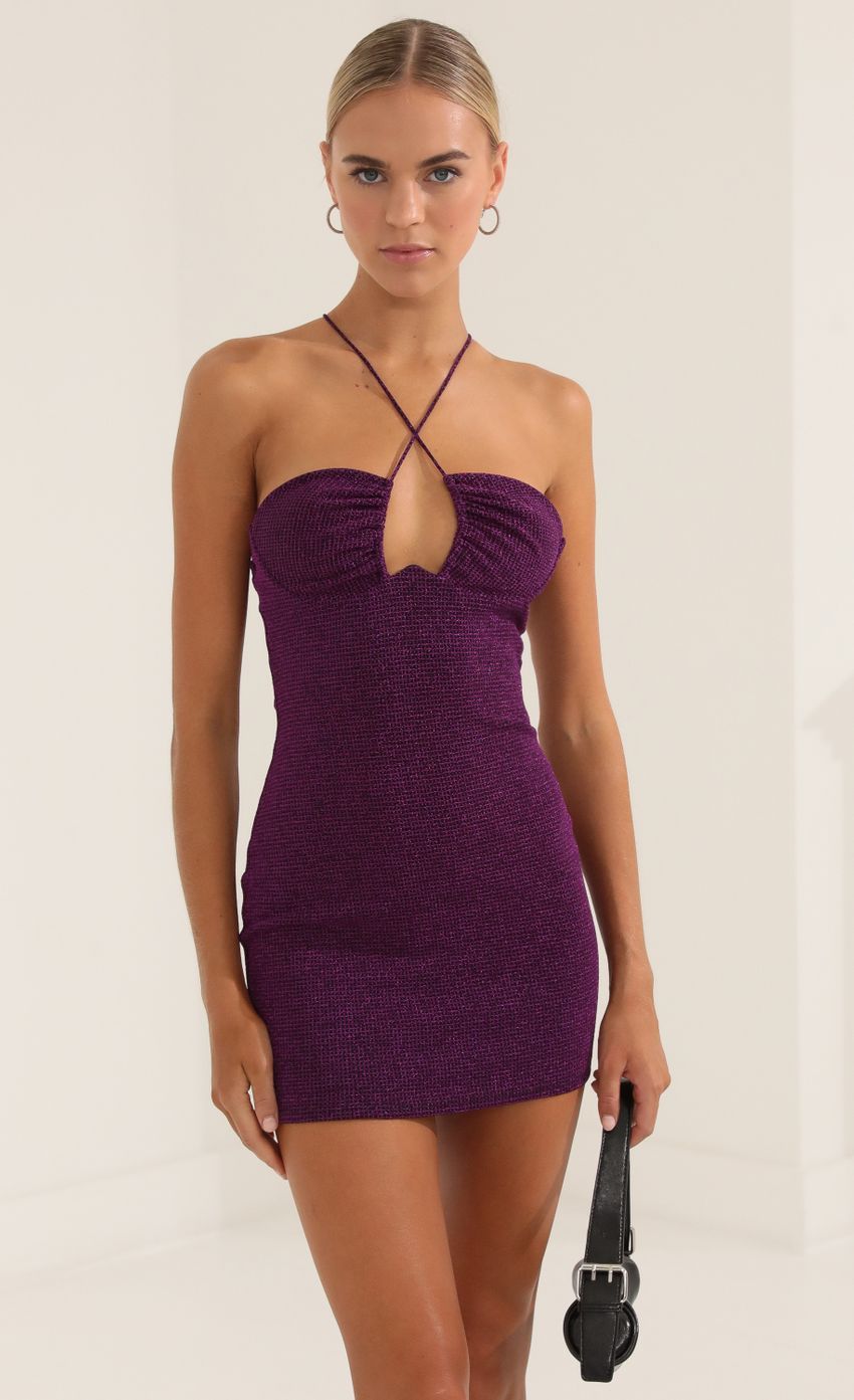 Square Metallic Knit Underwire Bodycon Dress in Purple-Sunny Prom. All rights reserved.