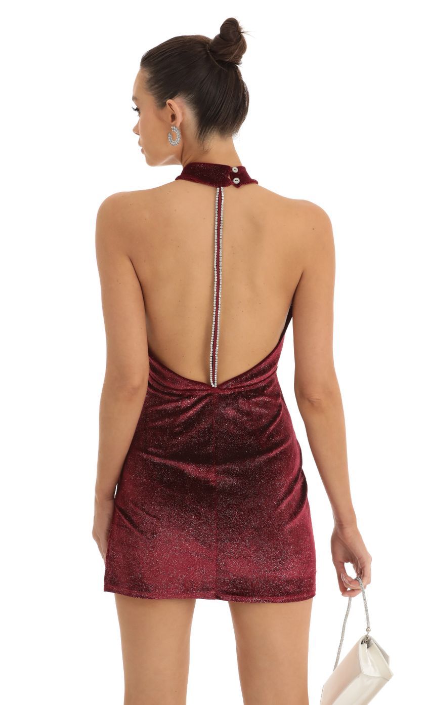 Velvet Glitter Mock Neck Halter Dress in Red-Sunny Prom. All rights reserved.