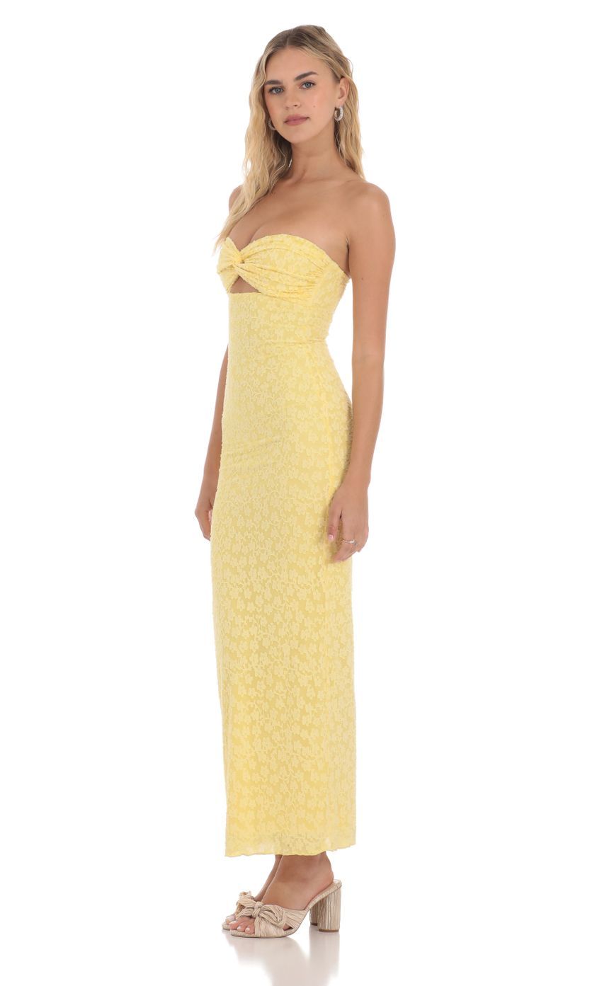 Strapless Textured Floral Twist Maxi Dress in Yellow-Sunny Prom. All rights reserved.