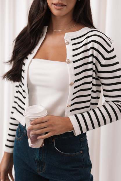 Cynthia Striped Button Front Cardigan - Black/Cream-Sunny Prom
