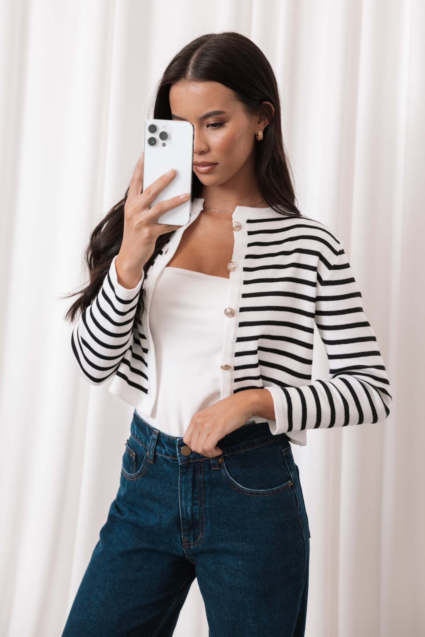 Cynthia Striped Button Front Cardigan - Black/Cream-Sunny Prom