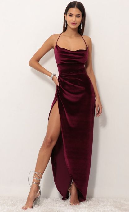 Velvet Maxi Dress in Wine-Sunny Prom. All rights reserved.