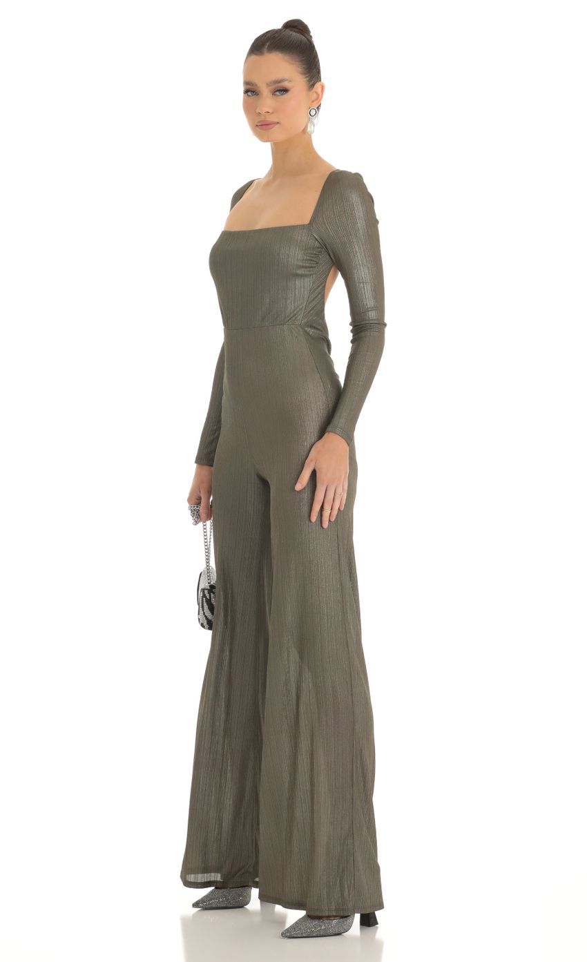 Shimmer Open Back Long Sleeve Jumpsuit in Olive-Sunny Prom. All rights reserved.
