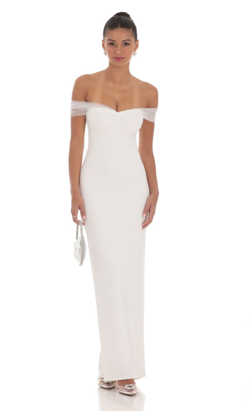 Tulle Off Shoulder Sleeve Maxi Dress in White-Sunny Prom. All rights reserved.