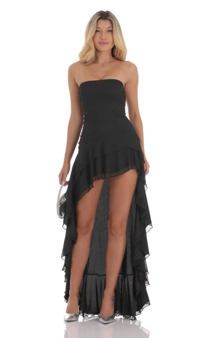 Strapless Mesh High Low Dress in Black-Sunny Prom. All rights reserved.