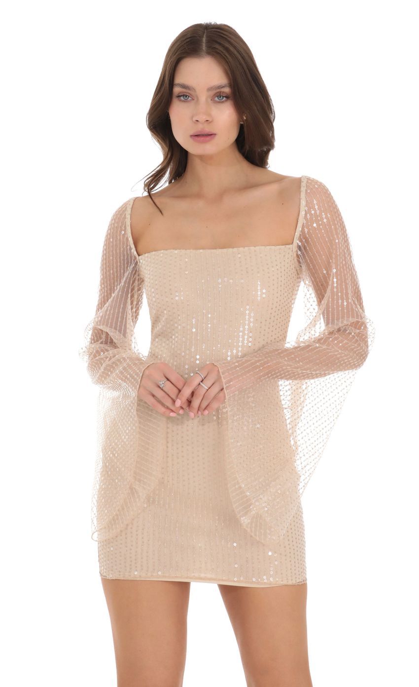 Tulle Sequin Flare Sleeve Dress in Champagne-Sunny Prom. All rights reserved.