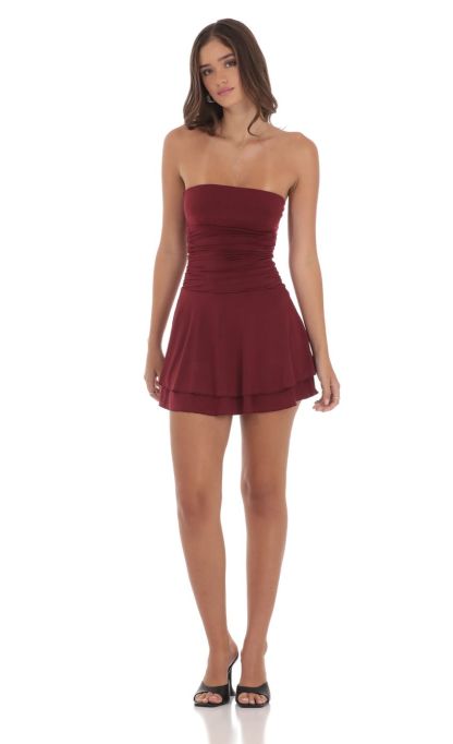 Strapless Ruched A-line Dress in Maroon-Sunny Prom. All rights reserved.